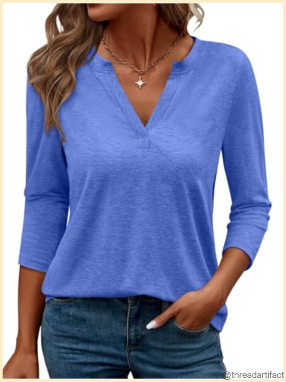 Womens V Neck 3/4 Sleeve T Shirt Casual Loose Fit Basic Summer Top